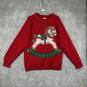 Vintage Christmas Sweater Women's Size Large Red‎ Rockinghorse Santee Sweats USA